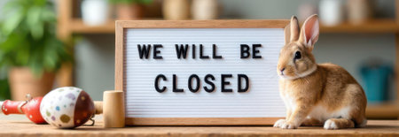 Light brown easter bunny sitting next to a letter board with the message we will be closed on a wooden table with easter decorations, concept of easter holidays closureの素材