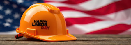 Orange safety helmet celebrating labor day, adorned with an american flag waving in the background, forming a patriotic banner with ample copy space for messages or designsの素材