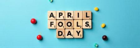Wooden letter tiles spelling out april fools' day arranged on a vibrant blue background, surrounded by colorful candies, perfect for festive and playful designs or bannersの素材