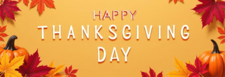 Happy thanksgiving day greeting card banner featuring vibrant pumpkins and colorful autumn leaves, creating a customizable space on a warm orange background for festive messagesの素材