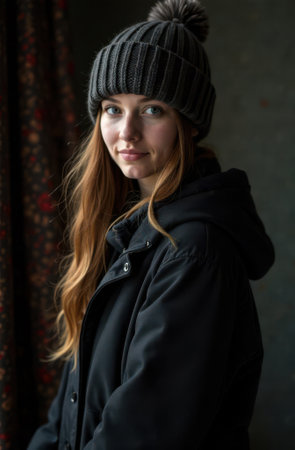 Serene young woman wearing a warm winter hat and cozy coat smiles gently near a window, capturing the comforting essence of the season while radiating calm and beautyの素材