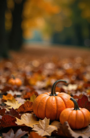 Two pumpkins are lying on a bed of fallen autumn leaves in a blurred park background, creating a warm and inviting autumnal scene with a shallow depth of fieldの素材