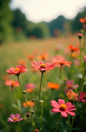 Colorful cosmos flowers are blooming in a summer meadow, creating a vibrant and cheerful scene with a blurred background of trees and hillsの素材