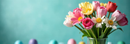 Colorful spring flowers bouquet in glass vase standing on table with easter eggs on turquoise background with large copy space, creating a festive and vibrant easter or springtime greeting cardの素材
