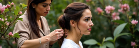 Professional hairdresser making a hairstyle for a young bride in a blooming garden, creating a beautiful and elegant look for her special day, with copy space available for textの素材