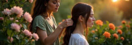 In a picturesque garden bathed in the warm glow of sunset, a woman delicately styles her friend's hair, creating a serene and beautiful sceneの素材