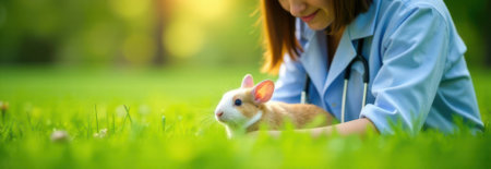 Female veterinarian examining a fluffy rabbit outdoors on green grass in a park during a sunny day, providing medical care for pets in a natural environmentの素材