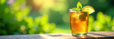 Glass of iced tea with lemon slice and mint leaves sits on a wooden table in a sunny garden, creating a refreshing summer scene with ample copy space for text or design elementsの素材