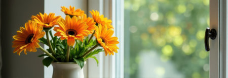 Orange gerbera daisies in a white vase sit on a windowsill, bringing the beauty of summer indoors with natural light illuminating the scene and green trees visible outsideの素材