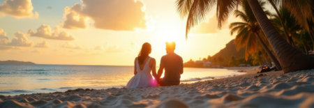 Romantic couple sitting on soft white sand beach beneath swaying palm trees. Holding hands and enjoying a breathtaking golden sunset over the ocean. Creating a perfect moment of love and tranquilityの素材