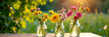 Three glass jars filled with colorful wildflowers sit on a wooden table, bathed in the warm glow of the setting sun, creating a beautiful and vibrant banner image with ample copy spaceの素材