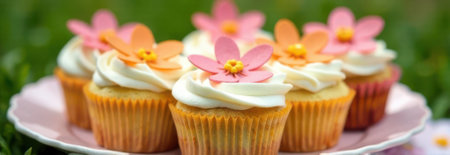 Arranging vanilla cupcakes with pink and orange flower-shaped frosting on a pink plate creates a sweet and festive presentation ideal for celebrationsの素材