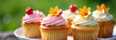 Five cupcakes with pink and white frosting decorated with flowers and a small strawberry are sitting on a white plate outside, creating a sweet and tempting sceneの素材