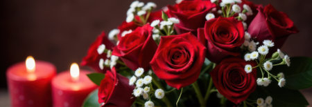Beautiful bouquet of red roses and two burning candles creating a romantic atmosphere for Valentine's day, wedding or other special occasion with large copy spaceの素材
