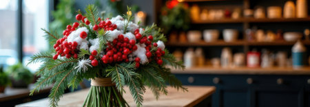 Christmas bouquet made of fir branches, red berries and cotton lying on a wooden table in a blurred interior design background, creating a warm and festive atmosphere with copy spaceの素材