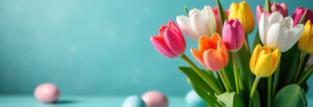Vibrant tulips in various colors arranged with pastel easter eggs against a turquoise backdrop, creating a cheerful spring scene with ample copy spaceの素材