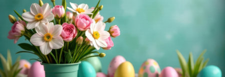 Beautiful spring flowers in a vase are surrounded by colorful easter eggs, creating a cheerful and festive atmosphere against a vibrant teal background with copy spaceの素材