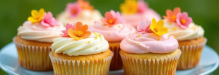 Colorful cupcakes adorned with edible flowers create a cheerful display, perfect for summer celebrations or garden parties, set against a blurred green backgroundの素材