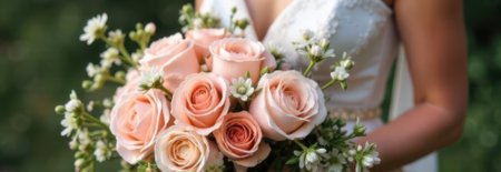 Close-up of a bride holding a beautiful bouquet of peach roses and white flowers, symbolizing love, romance, and the beginning of a new chapter in her life during a wedding celebrationの素材