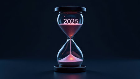 Hourglass filled with glowing sand displays the year 2025, symbolizing the countdown to the future and illustrating the relentless passage of time and its significanceの素材