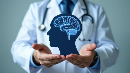 Doctor is holding a virtual projection of human brain, representing innovative medical neurology, healthcare, and artificial intelligence in medicineの素材
