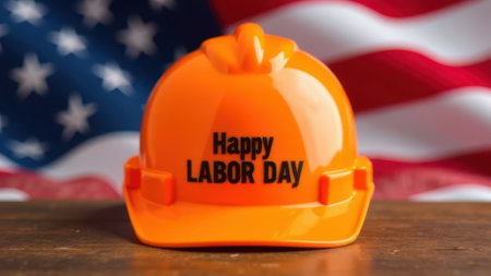 Orange hardhat with the greeting happy labor day sits on a wooden surface in front of a blurred american flag, celebrating the contributions of american workersの素材