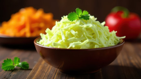 Grated white cabbage salad is served in a brown bowl garnished with parsley, with blurred gratified carrots and a tomato in the background, creating a colorful and healthy culinary sceneの素材