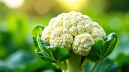 Fresh cauliflower growing surrounded by green leaves in a vegetable garden, illuminated by warm sunset light, creating a vibrant and healthy sceneの素材