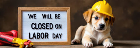Adorable puppy wearing a yellow hard hat lying next to a letter board announcing closure for labor day, with toy work tools, creating a charming scene related to the holiday and business closureの素材