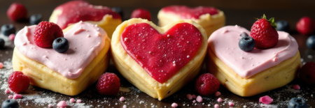 Delicious heart-shaped cookies are lying on a dark wooden table, decorated with pink icing, raspberries, blueberries, and strawberries, creating a perfect valentine's day banner with copy spaceの素材