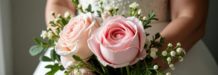 Bride in a white wedding dress holding a beautiful bouquet of pink roses, gypsophila, and greenery, creating a romantic and elegant atmosphereの素材