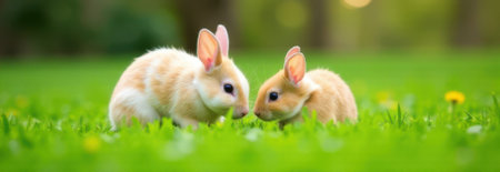 Two cute baby rabbits are sniffing each other in a vibrant green meadow, creating a heartwarming scene with ample copy space for text or design elementsの素材