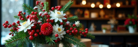 Featuring a festive Christmas floral arrangement with red berries, white water lilies, and pine branches, enhancing a cozy cafe interior with warm lighting and ample copy spaceの素材