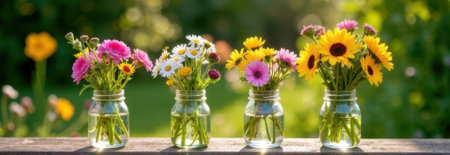 Four glass jars brimming with vibrant summer flowers like sunflowers, daisies, and ranunculus create a cheerful display on a wooden surface against a blurred garden backdropの素材
