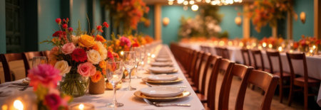 Long, festively decorated table is set for a special event, adorned with vibrant floral arrangements and soft lighting, creating a warm and inviting atmosphereの素材