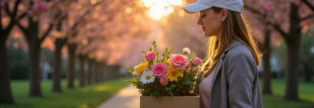 Female florist carrying colorful flowers in cardboard box along pathway lined with blooming cherry trees at sunset, creating a peaceful and beautiful springtime scene with copy spaceの素材