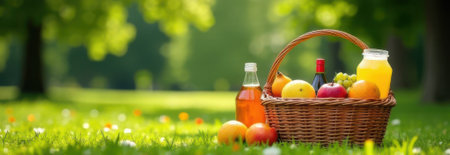 Wicker picnic basket overflowing with fresh fruit, juice, and wine sits on vibrant green grass in a sunny park, creating a perfect scene for a relaxing outdoor mealの素材