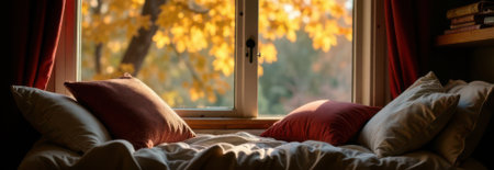 Warm sunlight illuminates a cozy bed nestled by a window, offering a serene view of golden autumn trees, creating a peaceful and inviting atmosphereの素材