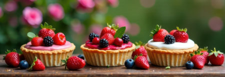 Three small fruit tarts topped with fresh strawberries, blueberries, and blackberries resting on a wooden surface, set against a blurred garden background with ample copy spaceの素材