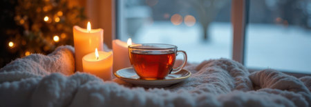 Steaming cup of tea on a windowsill with burning candles and soft blanket, creating a cozy atmosphere on a snowy winter evening, perfect background for Christmas or winter holidaysの素材
