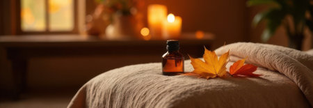 Essential oil bottle resting on a massage table surrounded by autumn leaves, creating a tranquil ambiance in a dimly lit spa with warm candlelight and blurred backgroundの素材