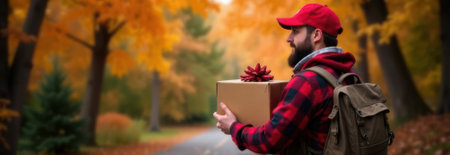 Delivery man wearing a red cap and shirt carrying a package adorned with a red bow, walking along an autumn forest road surrounded by colorful leaves and trees, offering ample copy spaceの素材