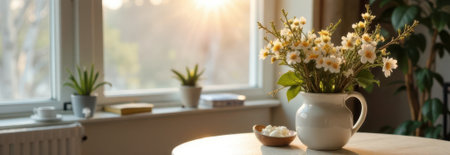 White daisies in jug and bowl of marshmallows creating a cozy atmosphere in sunlit home interior with window, houseplants, and copy space, perfect for bannerの素材