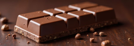 Smooth, segmented chocolate bar rests on a dark wooden table, scattered with roasted coffee beans, creating an enticing image ideal for chocolate-themed banners or culinary websitesの素材