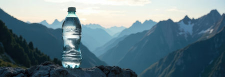 Plastic water bottle resting on a rock in a majestic mountain landscape at sunset, highlighting hydration and the purity of natural water sources with ample copy spaceの素材