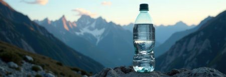 Refreshing water bottle resting on a rock in a majestic mountain landscape at sunset, providing pure hydration in breathtaking scenery, ideal for promoting a healthy lifestyleの素材