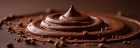 Creamy and smooth chocolate cream rotating, creating a spiral with cocoa powder sprinkled around, perfect for pastry and confectionery advertisements or web banners with copy spaceの素材