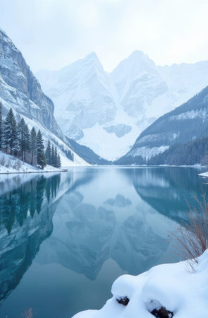 Pristine alpine lake reflecting snow-capped peaks and evergreen trees on a serene winter dayの素材