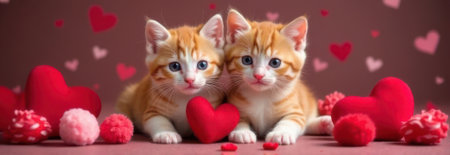 Two adorable kittens are lying down on a pink background with red hearts, pom poms and petals, creating a lovely valentine's day scene with copy spaceの素材