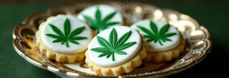 Round cookies decorated with cannabis leaves on a golden plate create an interesting concept for ediblesの素材